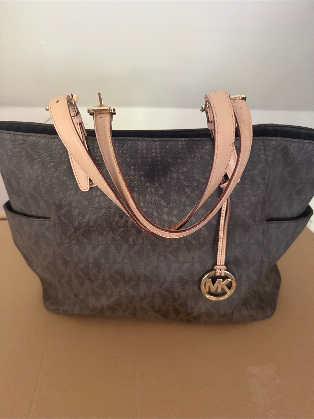 Michael Kors Brown Logo Tote with Tan Leather Handles and Gold MK Charm